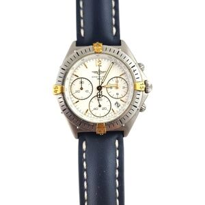 Breitling Silver and Gold Chronograph Watch with Blue Strap